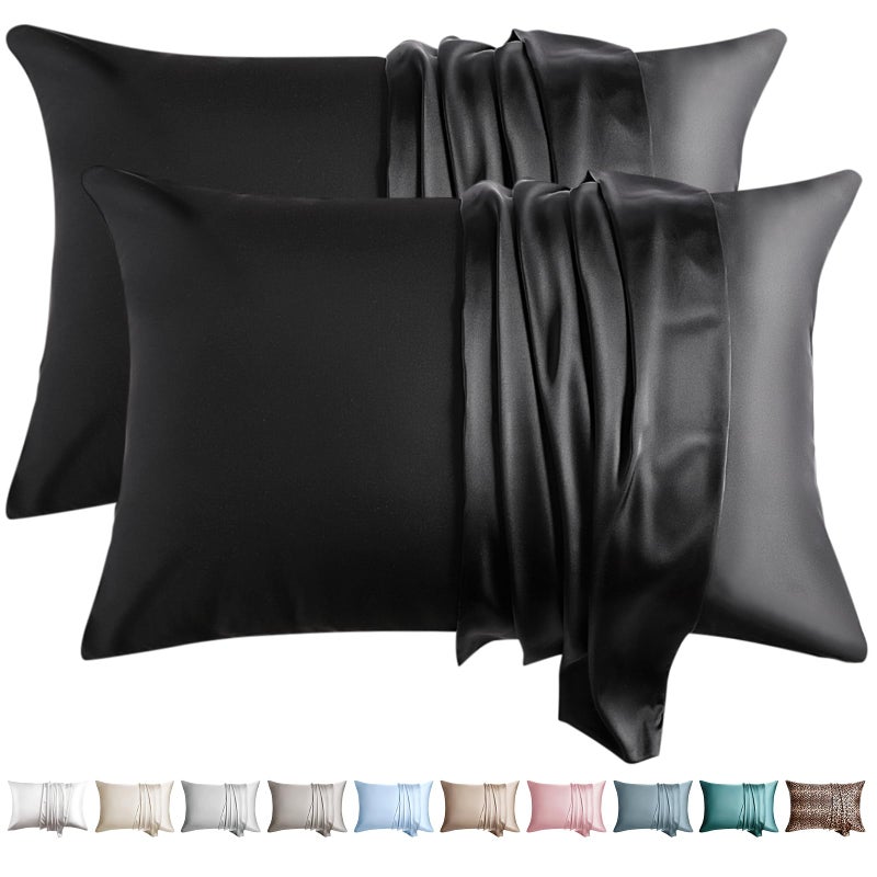 WLOSJ 100% Silk Pillow Cases 2 Pack Queen Size Mulberry Silk Pillowcase for Hair and Skin Set of 2 Highest Grade 6A Silk Soft Breathable Cooling with Hidden Zipper, Black - Image 1